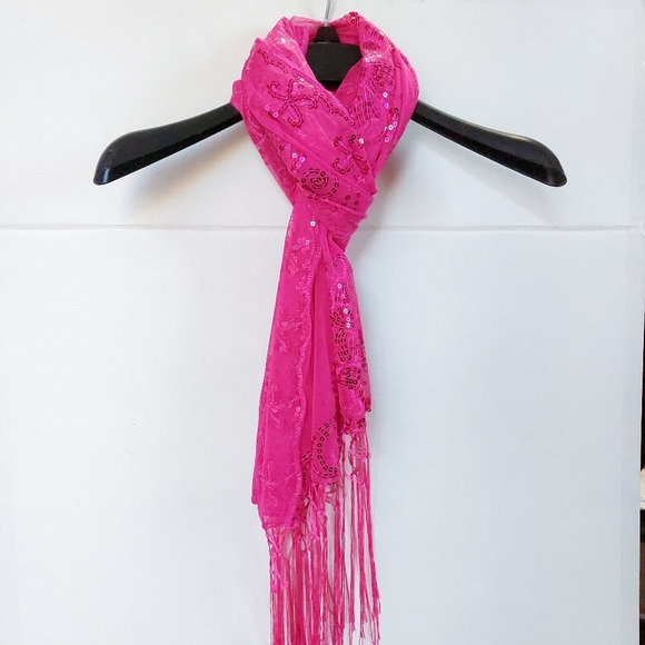 Womens Pink Mesh Sequin Metallic Party Prom Wedding Shawl Scarf With Fringe - Picture 11 of 11